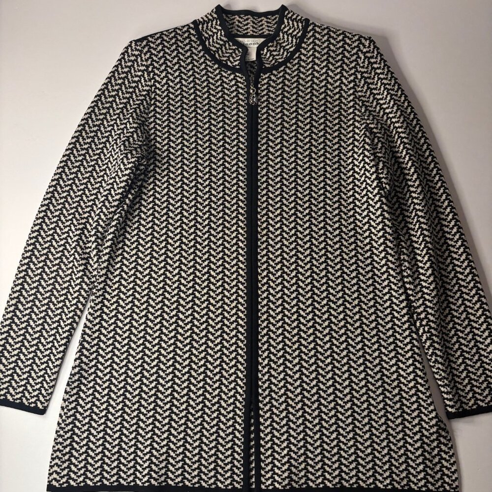 Misook Black & White Metallic Knit Jacket w/ Jeweled Zipper Pull (Size XS)